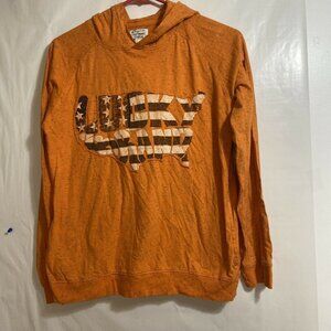 Lucky Brand Hooded Sweater Men's Long Sleeve Pullover W/0 Drawstring Sz L Orange